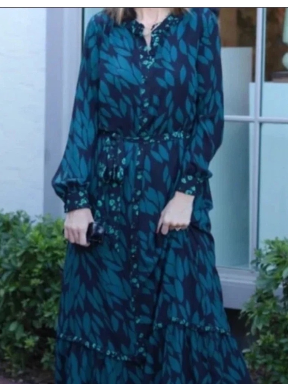 Cabi Women's Teal Leaf Print Long Sleeve Maxi Dress size medium